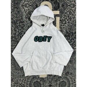 OBEY HOODIE SKATER SWEATSHIRT RAISED EMBROIDERED LOGO HEATHER GRAY MENS M